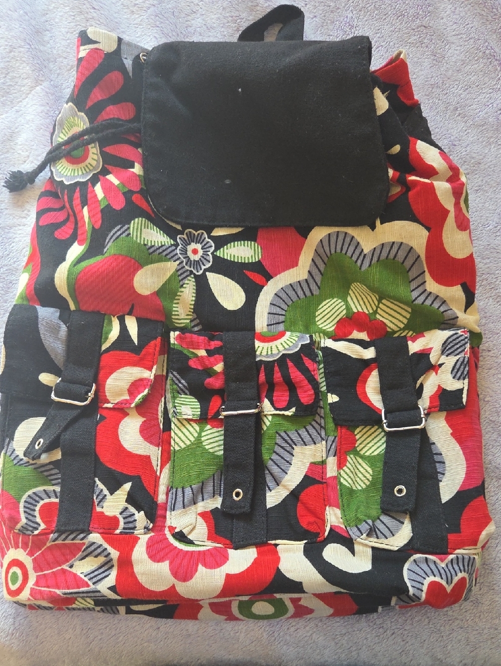 Vintage Y2K Bold Floral Cargo drawstring Backpack - Black, Red & Green